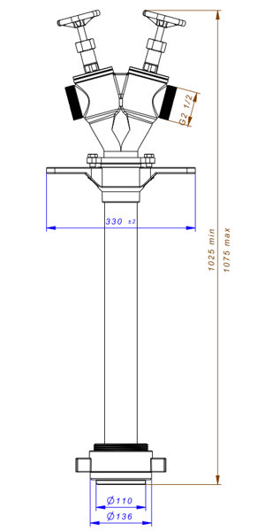 Stojak hydrantowy PZH DN100 podwójny A/BB (2x75), przyłącze DN100, rura DN80 wymiary